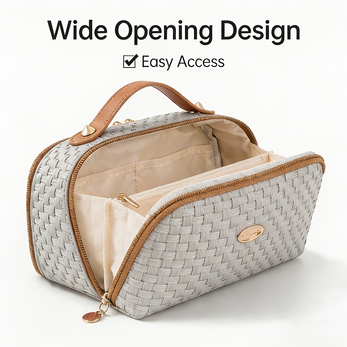 Image of Woven Texture Large Capacity Makeup Bag For Women, Portable Cosmetic Organizer With Carry Handle, Easy Clean Interior Multi-compartment Toiletry Bag, Ideal For Daily Use, Travel & Holiday Gift