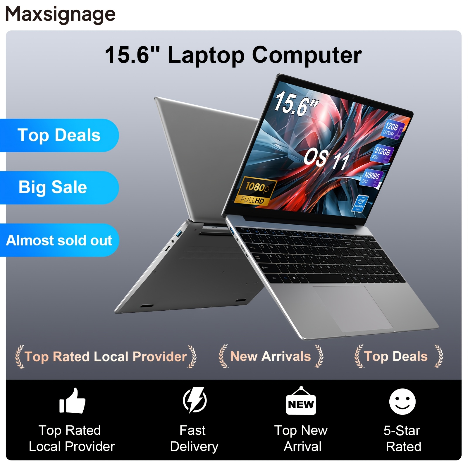 

Maxsignage 15.6 Inch Laptop, Os 11 Computer, 12gb Ddr4, 512 Ssd, 1tb Tf Card Expansion, N5095, 1920*1080 Fhd Ips Display, Light, Sleek And Portable Design, Grey