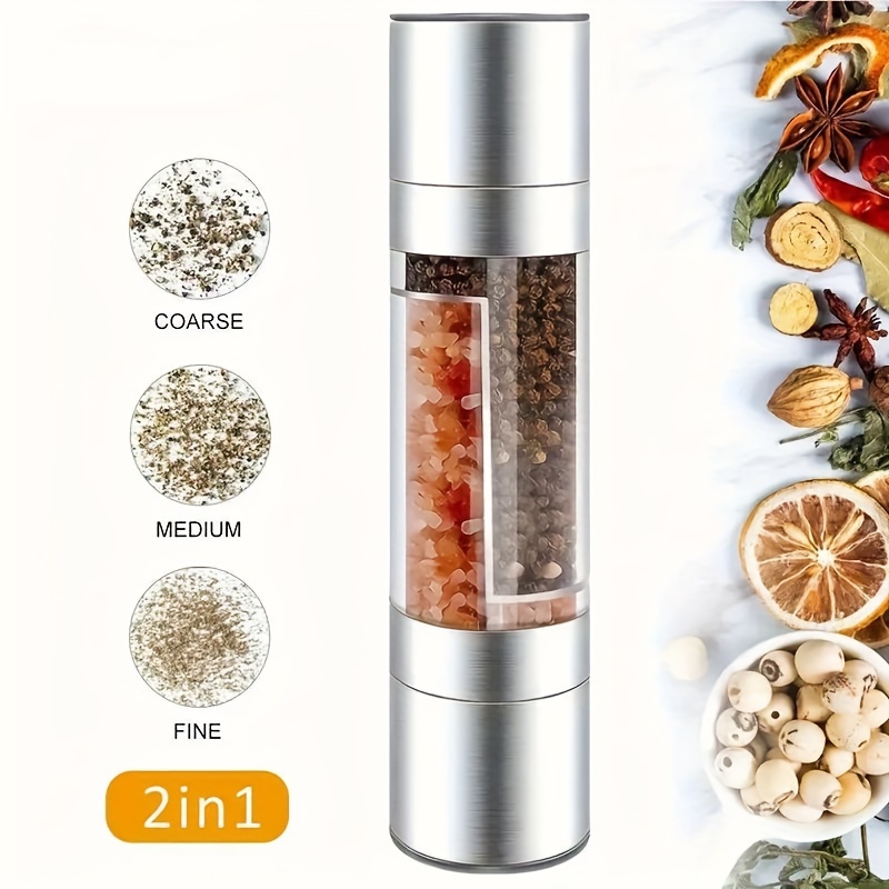 

2-in-1 Dual Chamber Salt And Pepper Grinder, Stainless Steel Manual , Kitchen Gadget With Adjustable Coarseness, Metal, No Electricity Needed - Set Of 1