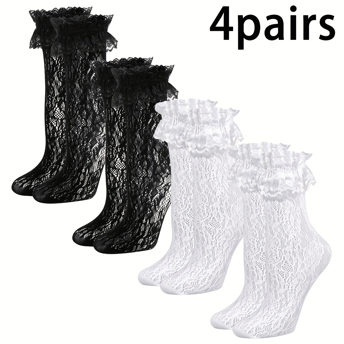 TEMU Confezione da 4 di calzini al ginocchio in stile Lolita con bordo in e , calze da donna al ginocchio in stile Lolita, calze lunghe Jk a tubo con