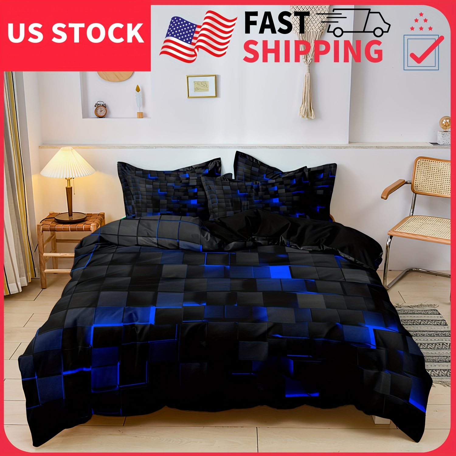 

2/3pcs Quilt Duvet Cover Set (1*duvet Cover + 1/2*pillowcase, Without ), Black+blue Grid Print Bedding Set, Soft Comfortable Duvet Cover, For Bedroom,