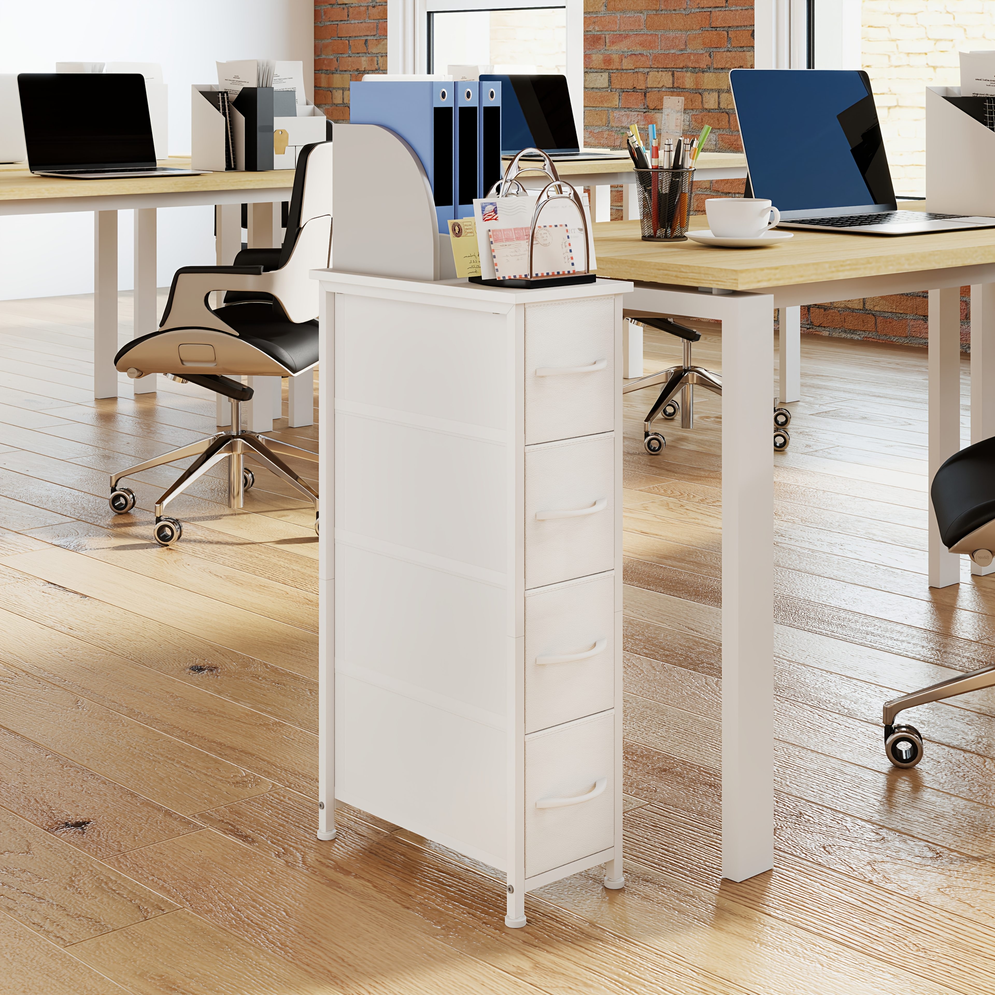 TEMU EUNOS Bureau Filing Cabinet Meuble d'Étagère Étroite de Bureau avec 4 Tiroirs, Meuble de Rangement Mince avec Tiroirs en Tissu Amovibles pour