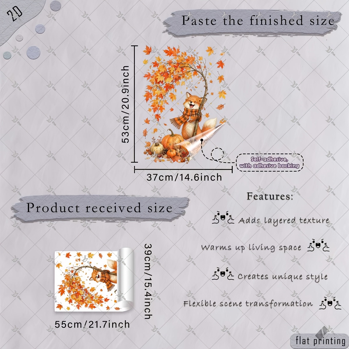 TEMU 2d Flat - 1pc 2d Flat Printed Autumn 39x55cm Window Sticker With Scarfed Fox, And Pumpkins, Creative Self-adhesive Removable Double-sided Pvc