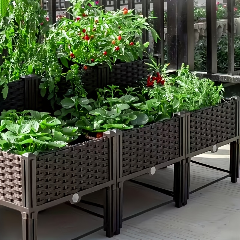 1 2 4pcs raised garden planter with legs traditional black woven plastic container   outdoor gardening great for growing flowers vegetables and herbs sturdy and lightweight elevated garden planter with a versatile design