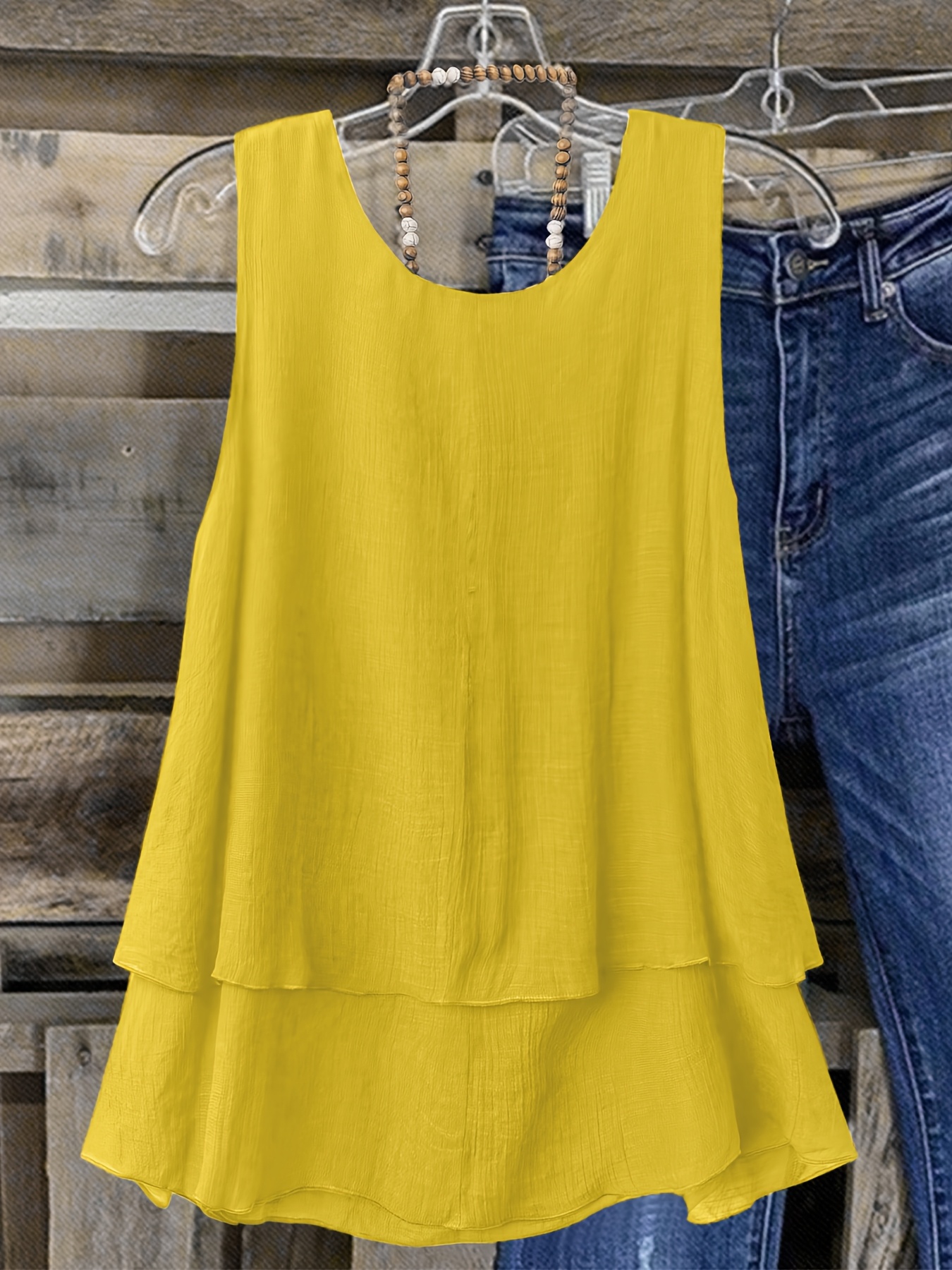 Women's Plus Size Sleeveless Elegant Top - Lightweight Breathable Blue Round Neck Vest, Machine Washable Spring Summer Casual Wear, Elegant Special Line Collection, Sophisticated Design, Textured Fabric