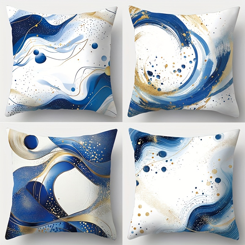 

4pcs Modern Abstract Blue And Golden Printed Throw Pillow Covers, Soft Polyester, Hand Wash, Zipper Closure, Decorative Cushion Cases For Living Room, Woven Fabric, 18x18 Inches