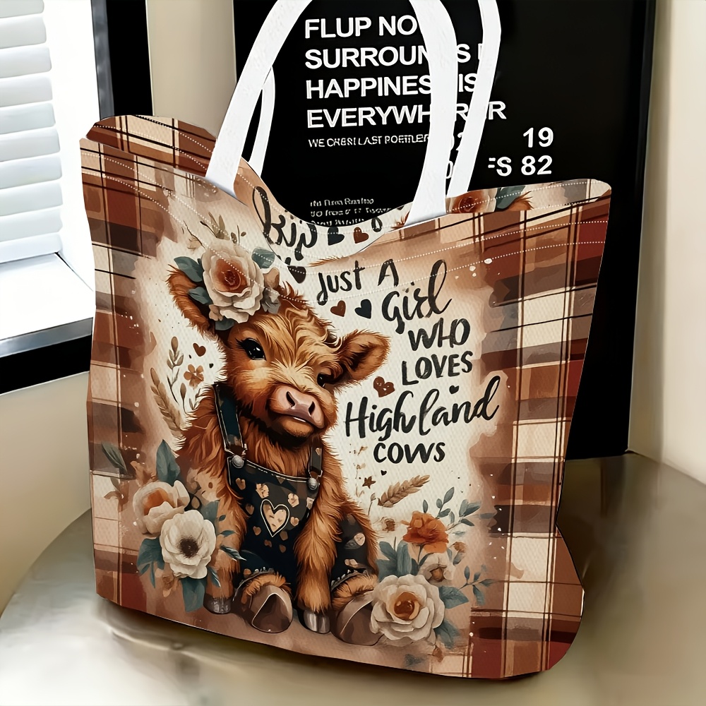 TEMU 1pc, Highland Cow Theme Women's Shoulder Bag, Multifunctional, Handbag, Clutch, Evening Bag, Travel Essential, Exquisite , Lightweight, Suitable