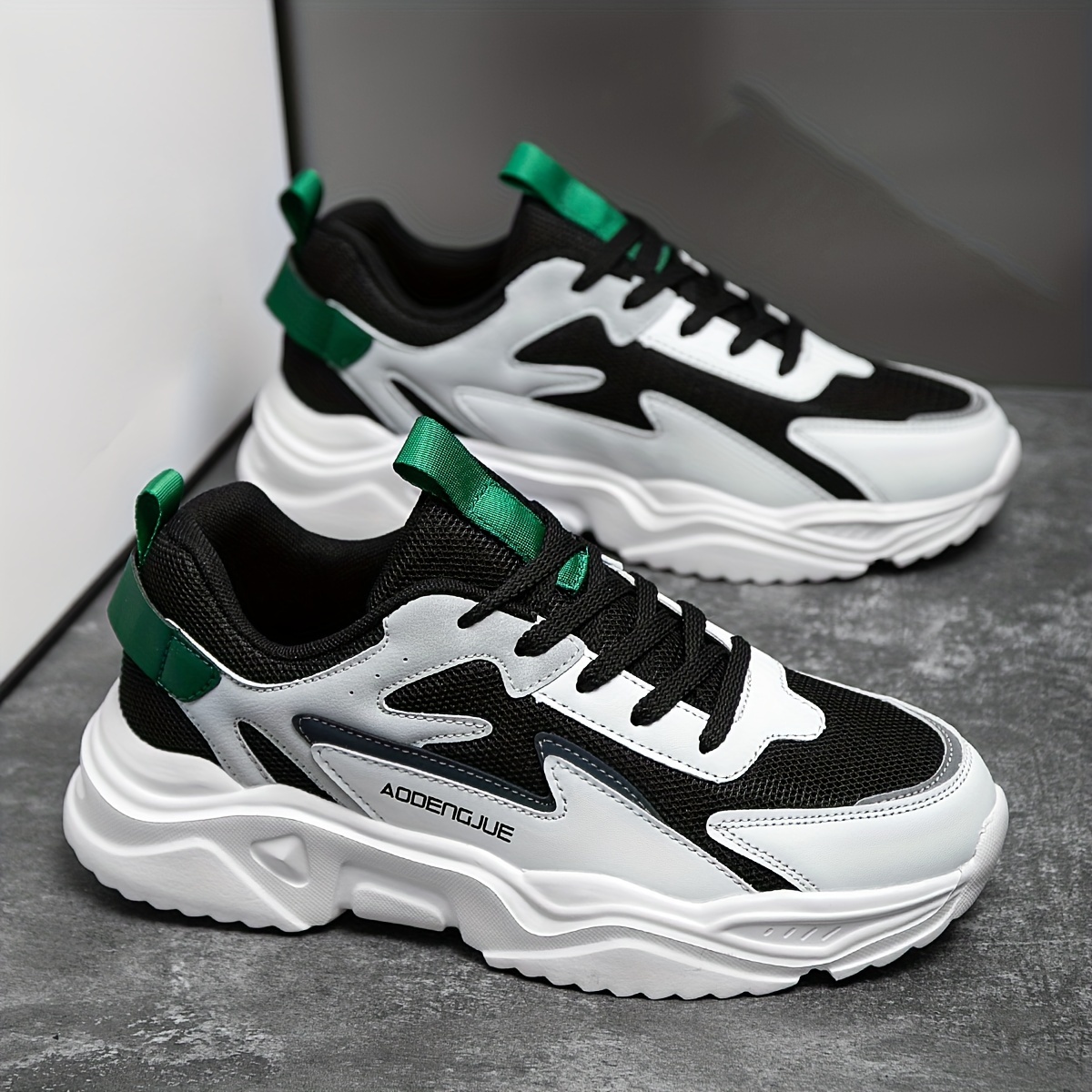 Zapatillas Casuales de Suela Gruesa para Hombre con Diseño de Letras - Parte Superior Ligera y Transpirable de PU/Tela, Suela Acolchada EVA, Detalles a Rayas & Punta Redonda para Correr al Aire Libre, Senderismo, Uso Diario, Calzado Casual, Cómodo