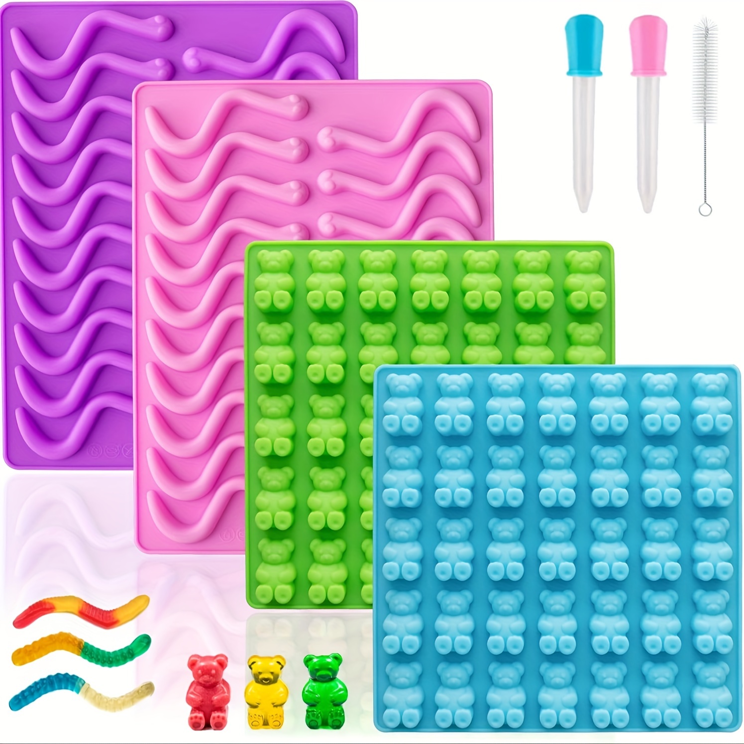 

7pcs-2pcslarge And 2pcs Worm Mold Silicone, Candy Gummy Molds, Chocolate Molds With 2 & 1 Cleaning Brush