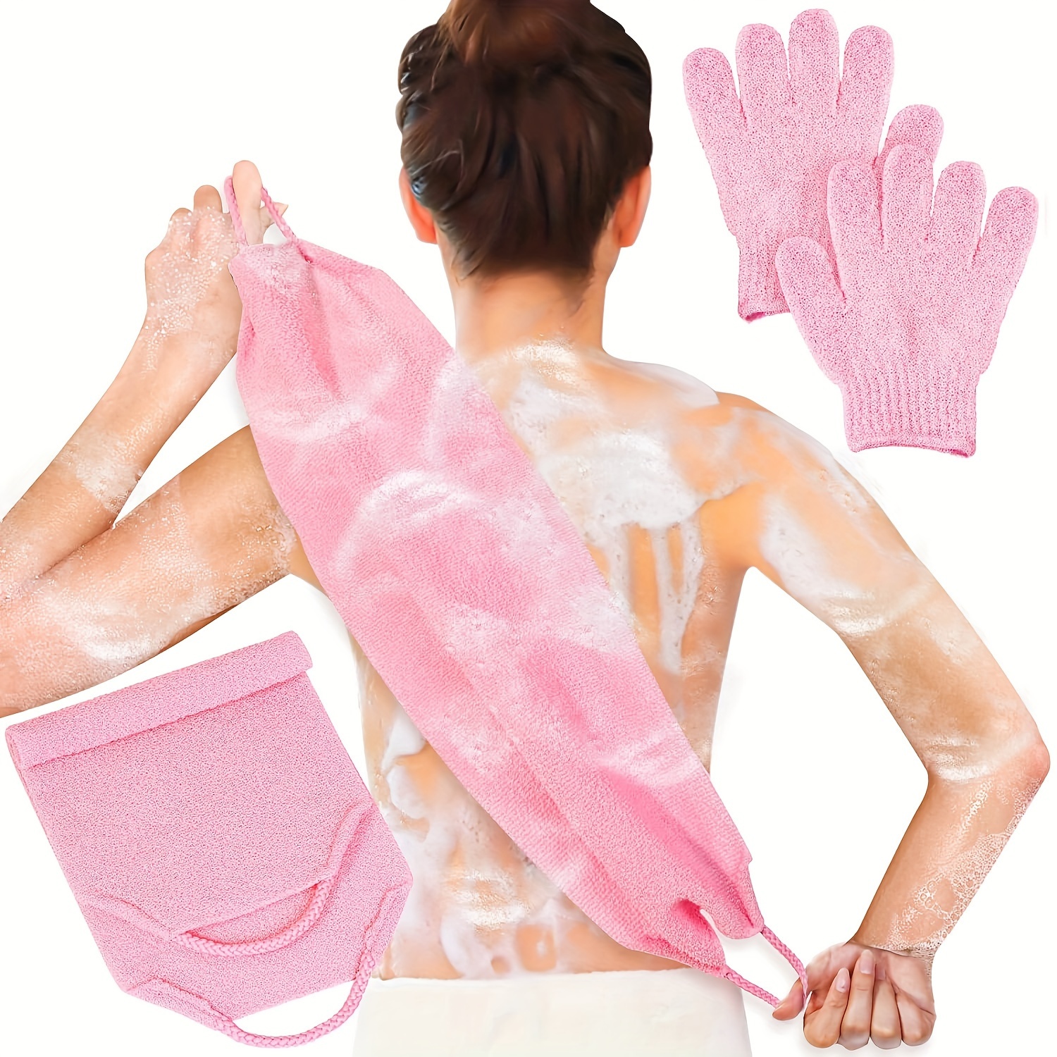 

comfortreach" Exfoliating Back Scrubber Towel & Gloves Set - Nylon, Stretchable With Handles For Easy Reach, Personal Care Essentials