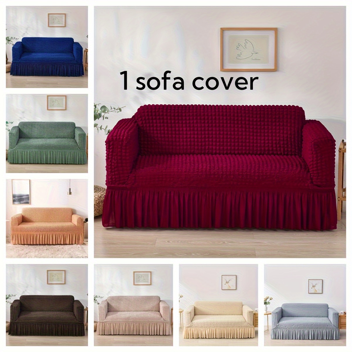 

1pc Solid Color Seersucker Couch Cover, Sofa Slipcover Skirt Style Sofa Cover, And Stretch Furniture Protective Cover For Bedroom Office Living Room Home Decor