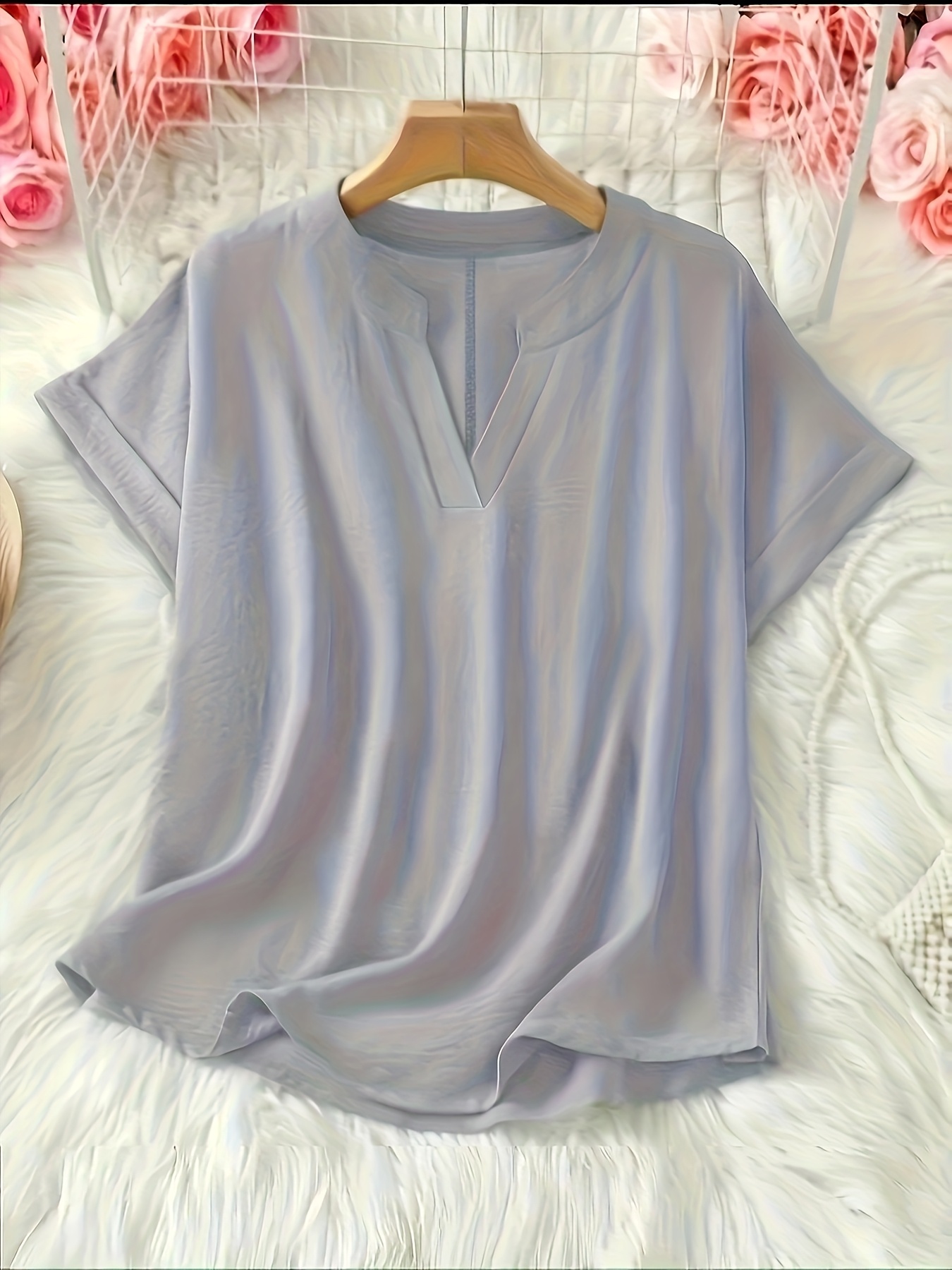 Elegant Plus Size Women'S V-Neck Short Sleeve Blouse - Light Gray, Casual & Stylish for Spring/Summer, Relaxed Fit with Half-Sleeve Design, Casual Wear | Relaxed Fit Top | Stylish Necklin