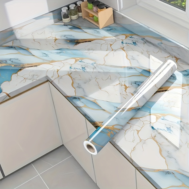 TEMU Roll Of Blue Self-adhesive Oilproof Pvc Wallpaper (0.15mm Thick) - Waterproof, Easy To Wipe, Convenient Installation Indoor Decorative Wall