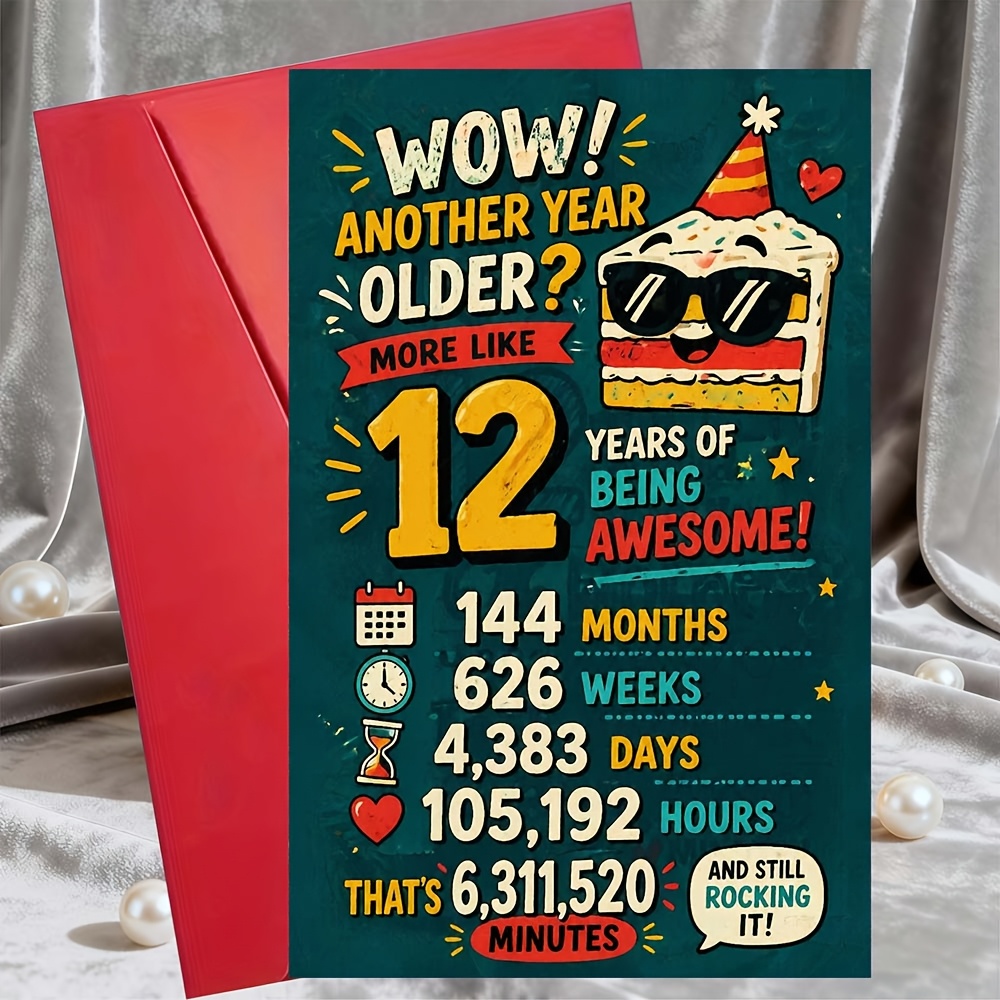 TEMU 1 Greeting Card + 1 Envelopefunny 12th Birthday Card For Teen Boy Or Girl, Retro Party Cake Design, Awesome Age 12 Greeting Card For Friend,