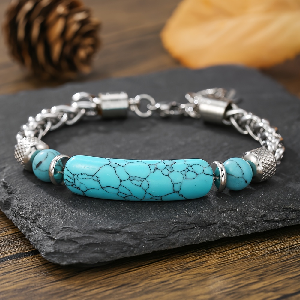 TEMU Retro Turquoise Bracelet For Women And Men Stainless Steel Chain Splicing, Turquoise Titanium Steel Men's Bracelet Does Not Fade Suitable For