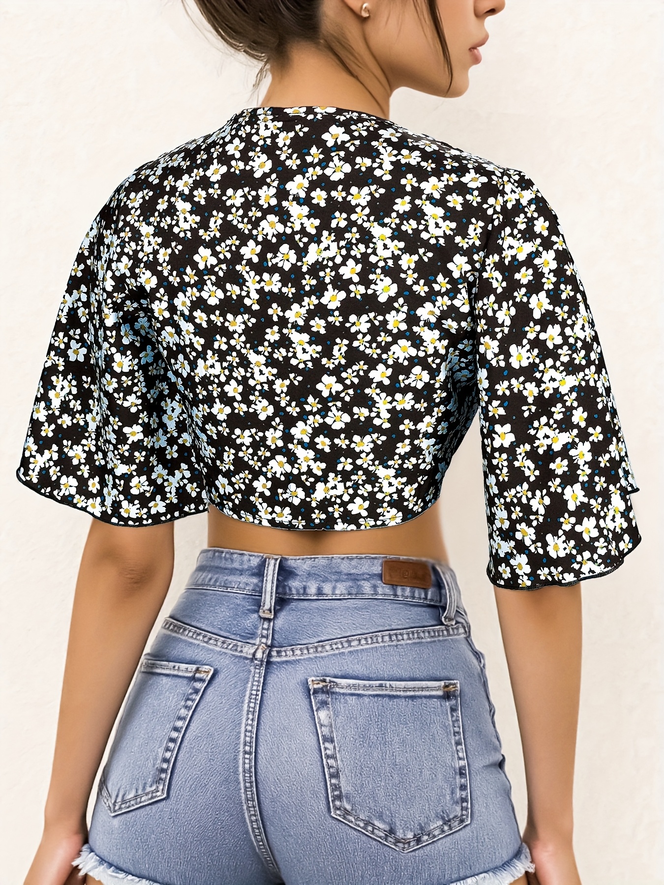floral print flowy sleeve tie front crop top - Temu South Africa