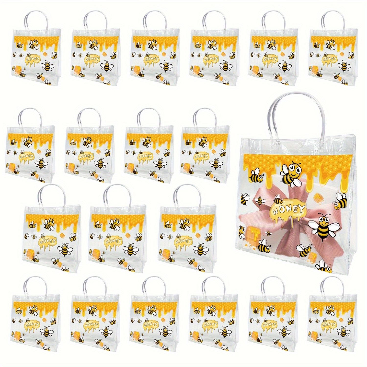 

20 Pack Bee Party Favor Bags, Honey Bee Themed Clear Gift Bags With Pvc Handles, Transparent Party Supplies For Birthday Bee Decorations