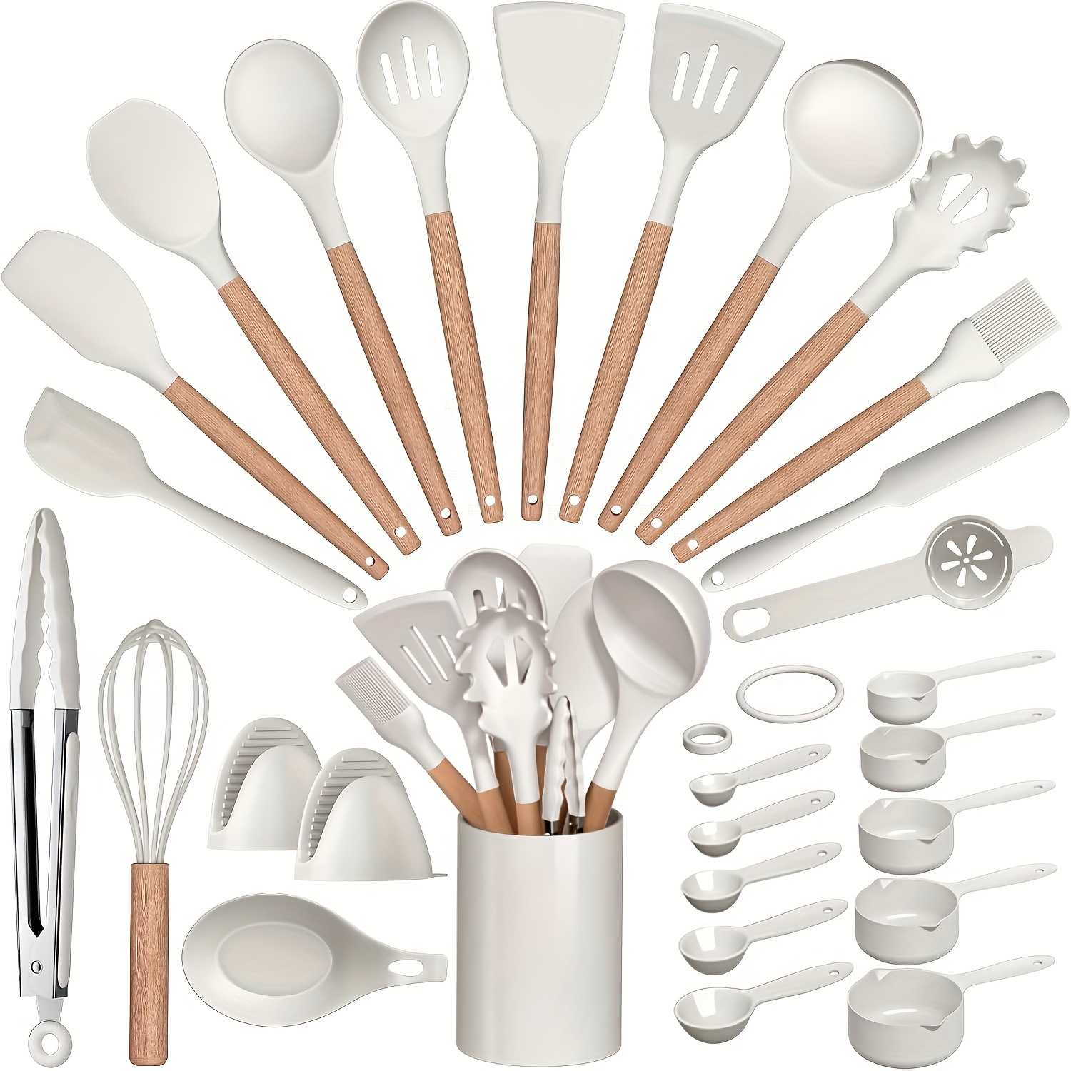 

28pcs/set, Silicone Utensil Set With Wooden Handle - Cooking, Kitchen, And Dorm Essentials