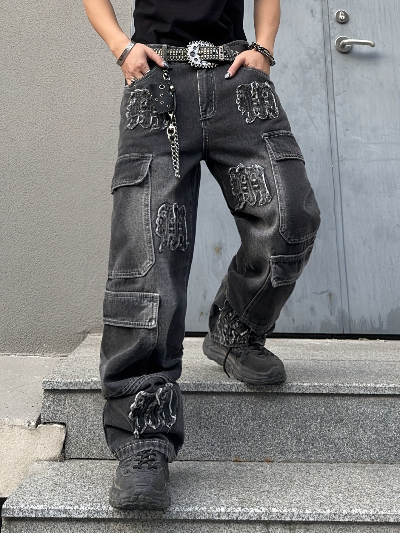 *'S Streetwear Denim Loose Fit Wide Leg Pants with Multiple Utility  Pockets, Non-Stretch Denim for Urban Fashion, Casual Outfits No