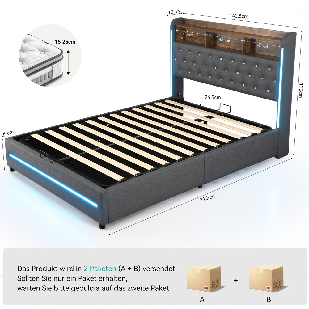 Image of Modern Upholstered Hydraulic Lift Bed Frame With Rgb & Bookcase Headboard - App/remote Control Storage Platform Bed, Underbed Storage Suitable For Bedroom, Gray, Spring Needed, (140*200cm)