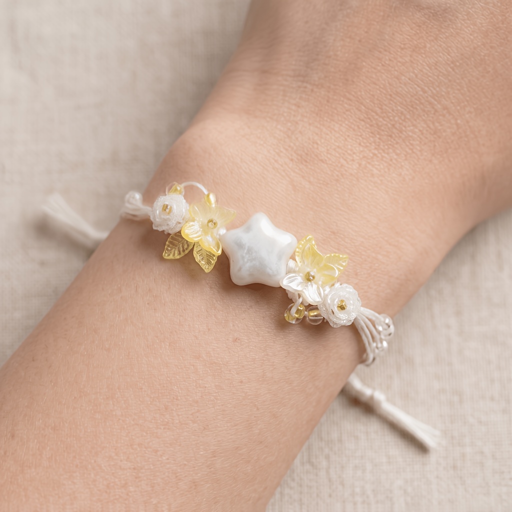 Handmade Woven Gentle Milk White Star Glass Bead Bracelet