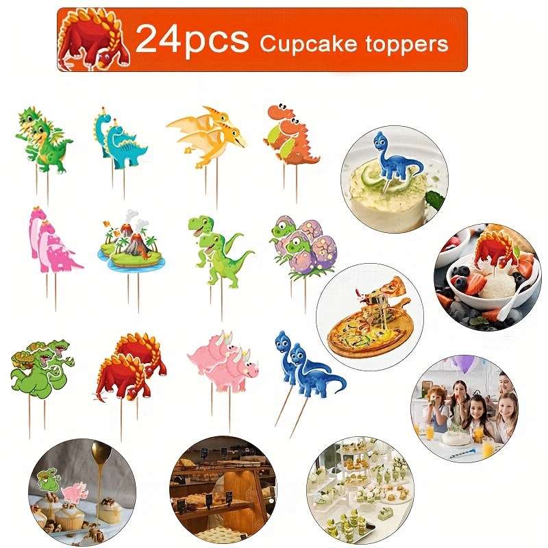 Image of 24pcs Dinosaur Themes Baking Decorations, Cupcake Toppers, Muffin Cake Toppers For Parties, Pizza And Ice Cream Dessert Table Dress , Party Decorations, Birthday Party Decorations