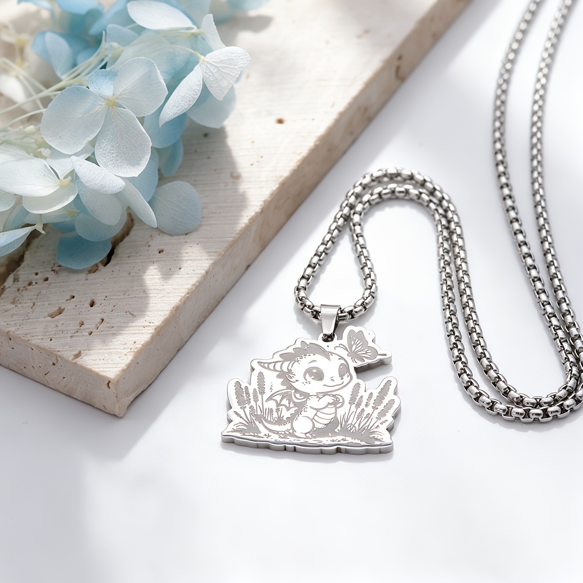 Stainless Steel Dragon with Butterfly Pendant Necklace, Fantasy Gift