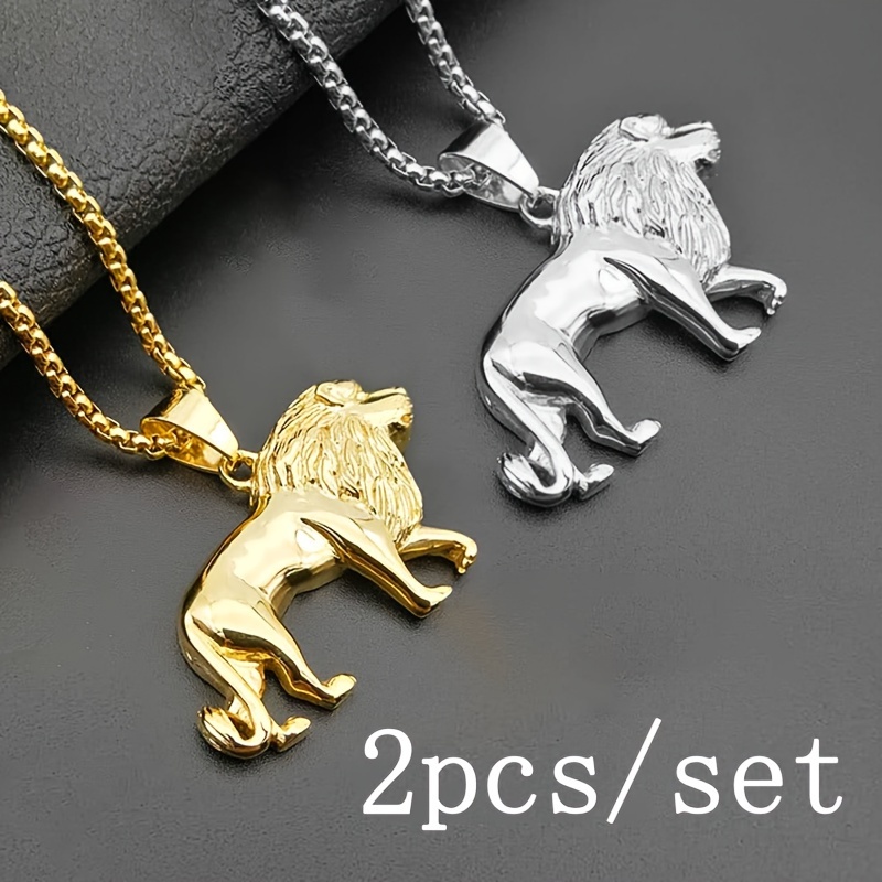 

2pcs/set Stainless Steel Fashion Domineering Lion Pendant Animal Necklace Men's Personalized Hip-hop Trend Jewelry Gift