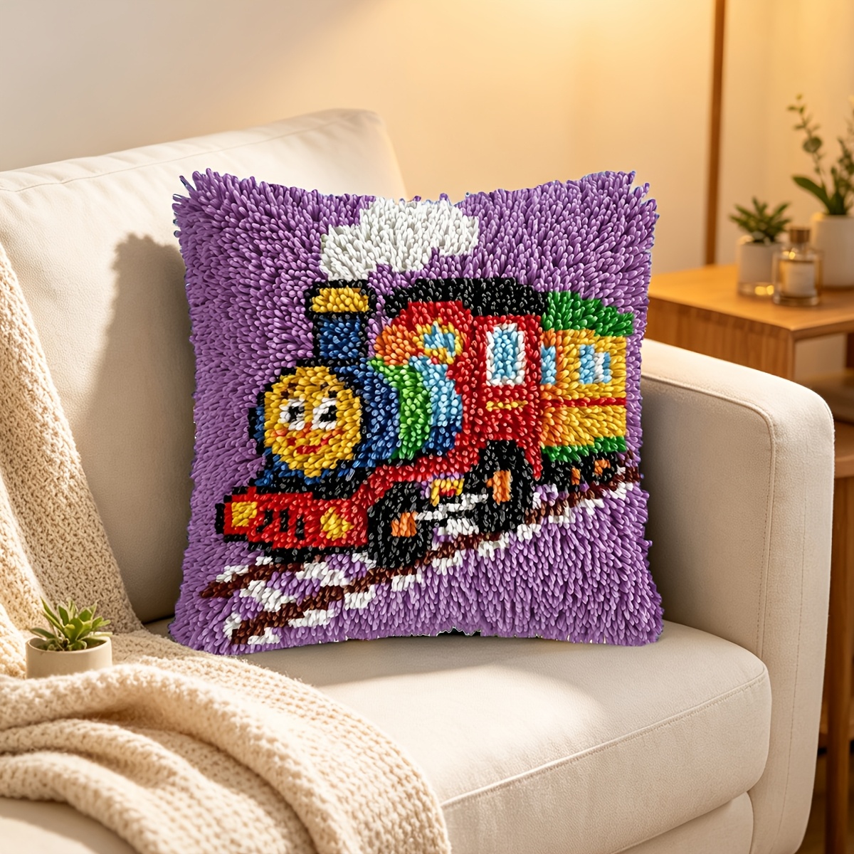 Handmade Pillow Latch Hook Kit with Train Pattern for Home Decor