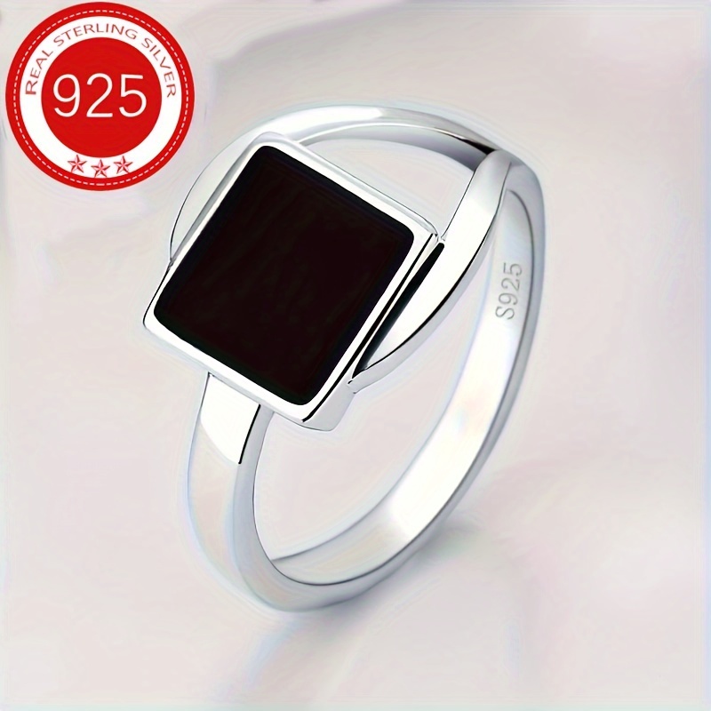 

925 Sterling Silver Signet Ring Black Square Design Suitable For Women Ring With Gift Box