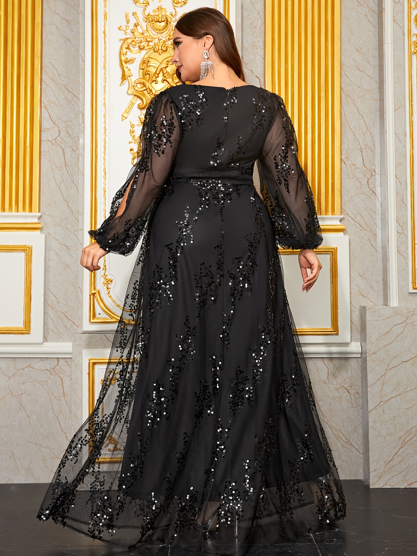 plus size plus size sequin women chiffon dress deep v neck - Temu Bahrain