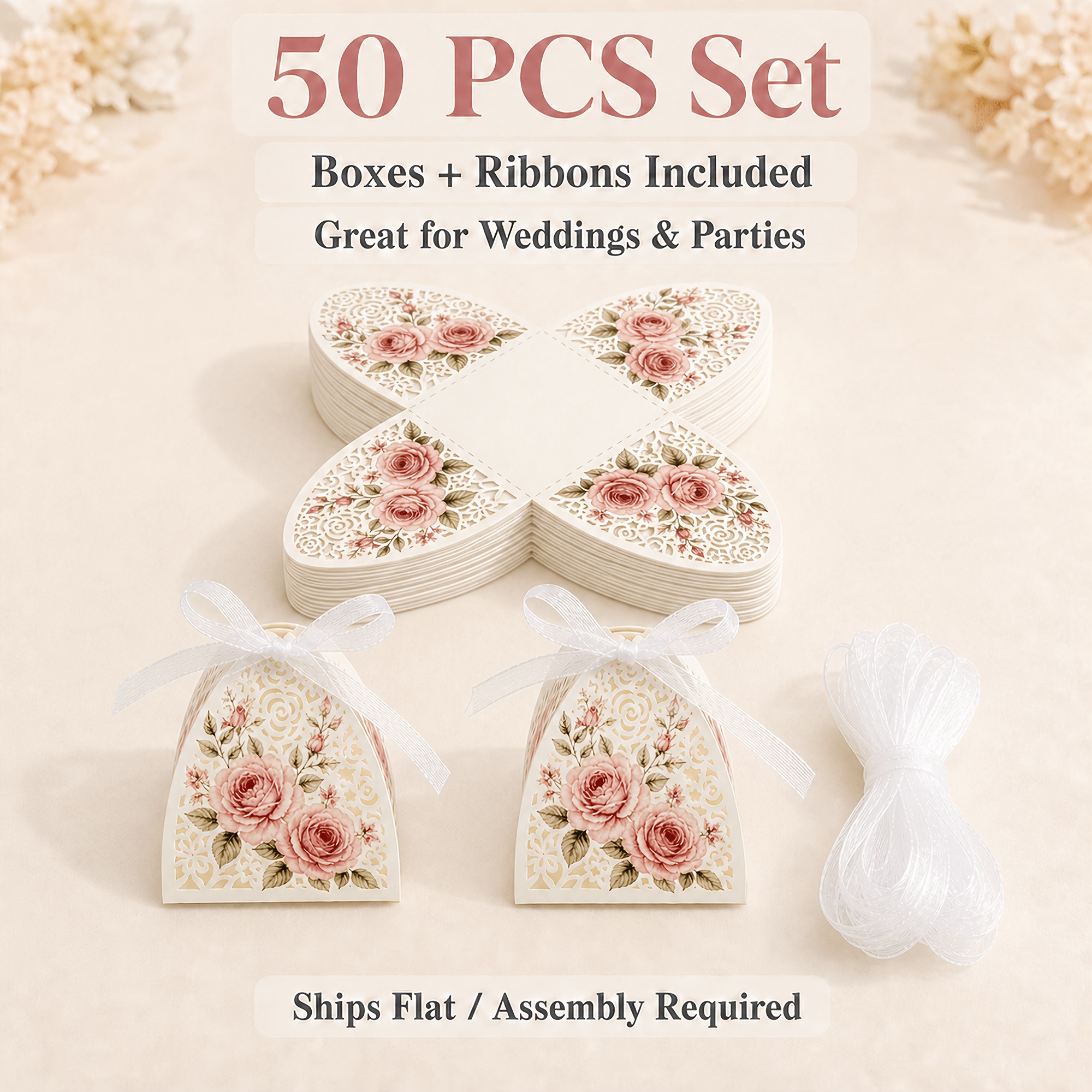 TEMU Boîtes-cadeaux 25/50 à roses découpées au laser avec ruban, boîtes-cadeaux pliables en papier à découpes florales vintage, adaptées aux ,