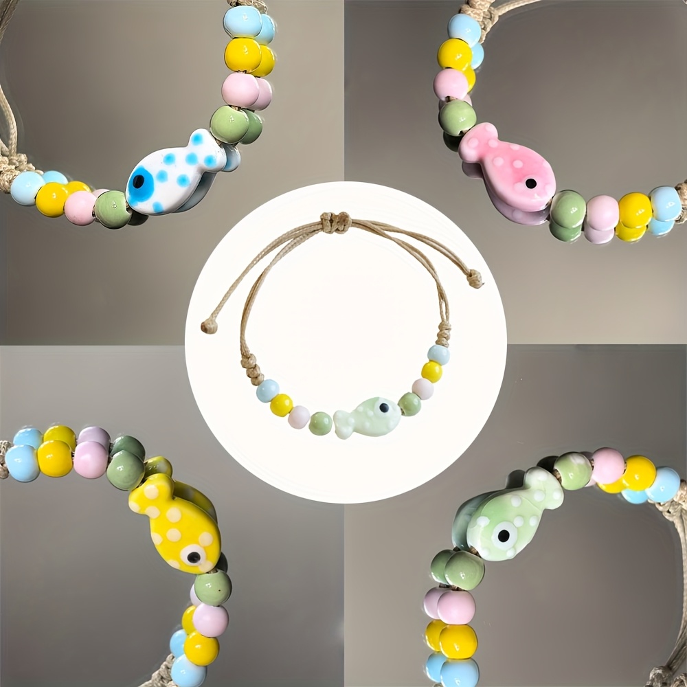 Adjustable Ceramic Fish Charm Bracelet with Colorful Beads