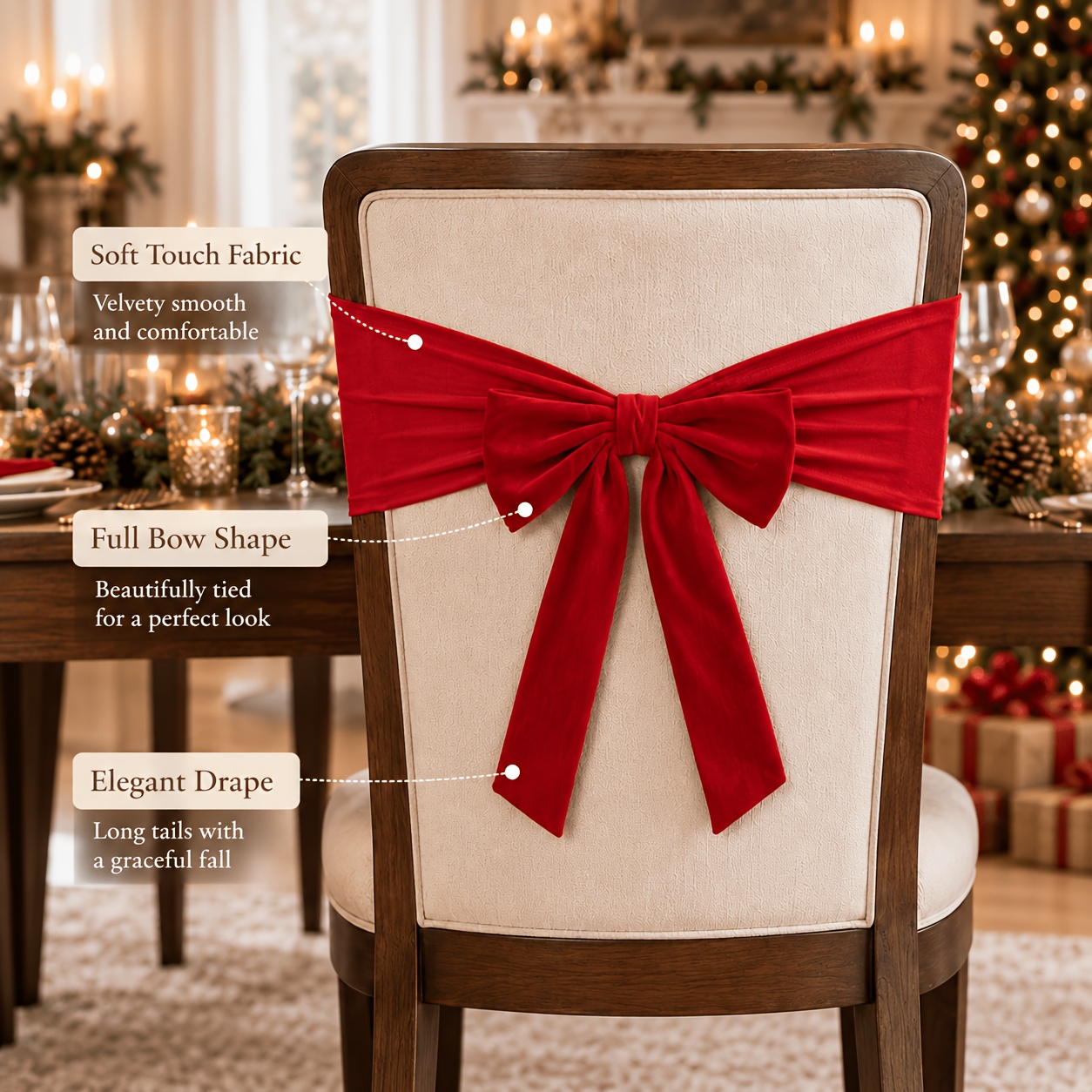 TEMU Lot de 4 nœuds ruban de velours rouge pour de chaise, décoration de Noël, de luxe pour de chaise avec motif nœud, décoration de salle à manger