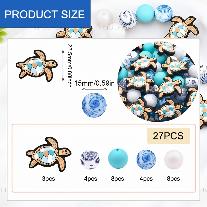 TEMU 27pcs Silicone Bead Set, Turtle-shaped Elements For Diy Craft Beads For Beaded Pens, Bracelets, Necklaces, Bag Charms, And Decor, Suitable For