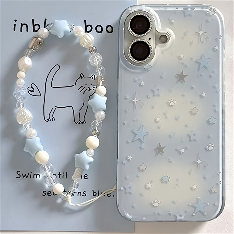 TEMU Phone Case: Crystal Transparent White Light Solid Color White Background Double-layer Color Gradient Star Phone Case With Bead Chain For Iphone