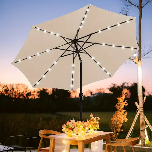 9ft solar powered patio umbrella with led lights crank 8 rib sturdy uv protection beige polyester canopy for garden deck poolside backyard beach restaurant outdoor umbrellas for patio garden shade classic aesthetic durable construction