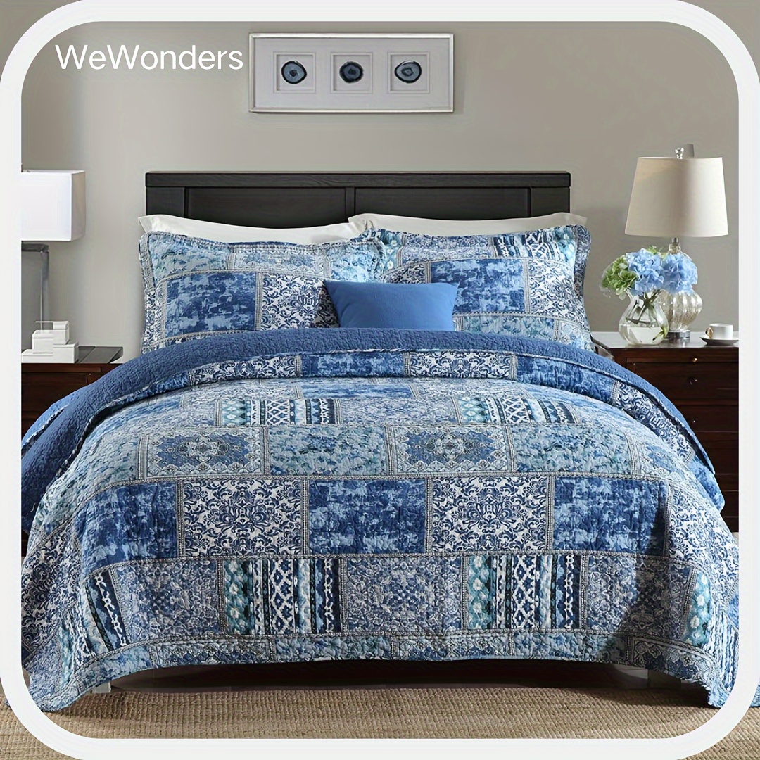 

3 Pcs Blue Bedspread Quilt Cotton Reversible Rustic Patchwork Bedding Quilt Coverlet, 3 Pieces Boho Cotton Quilt Set For All Season Oversize Queen Size, King Size