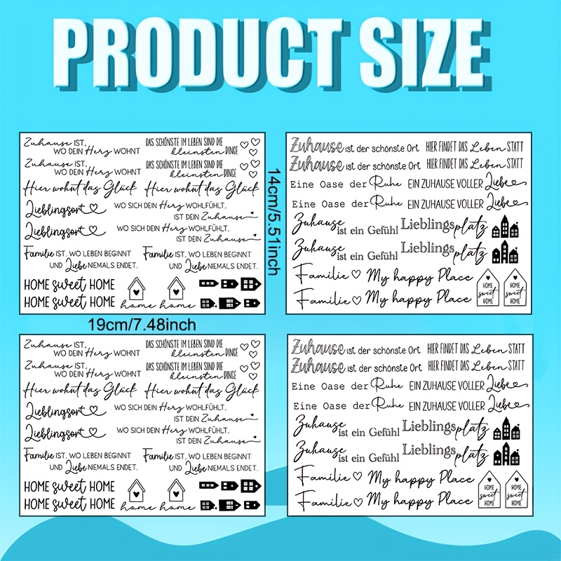 E-shop 4 Blätter/Satz, Gemütliches Zuhause Transferpapier mit deutschen Phrasen, Heilendes selbstklebendes Transferpapier mit - Herzmuster im