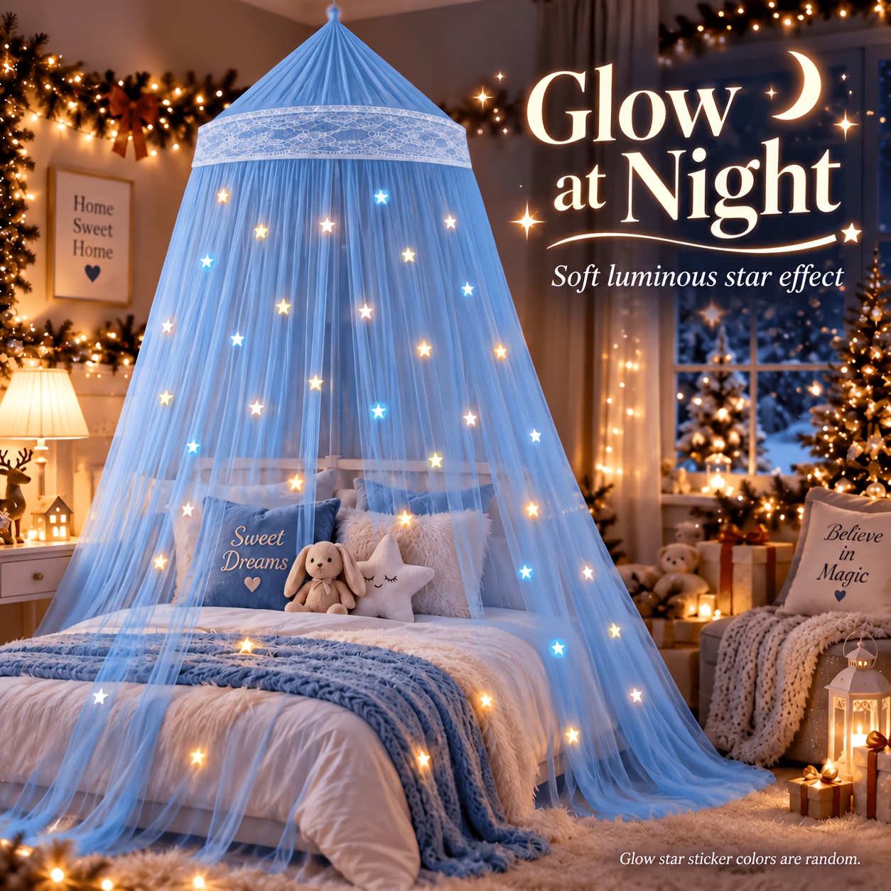 TEMU Round Dome Net Canopy Set With Random Star Stickers, Fine Mesh Hanging Bed Curtain, Soft Flowing Bedroom Decor, 6 Elegant Colors Available