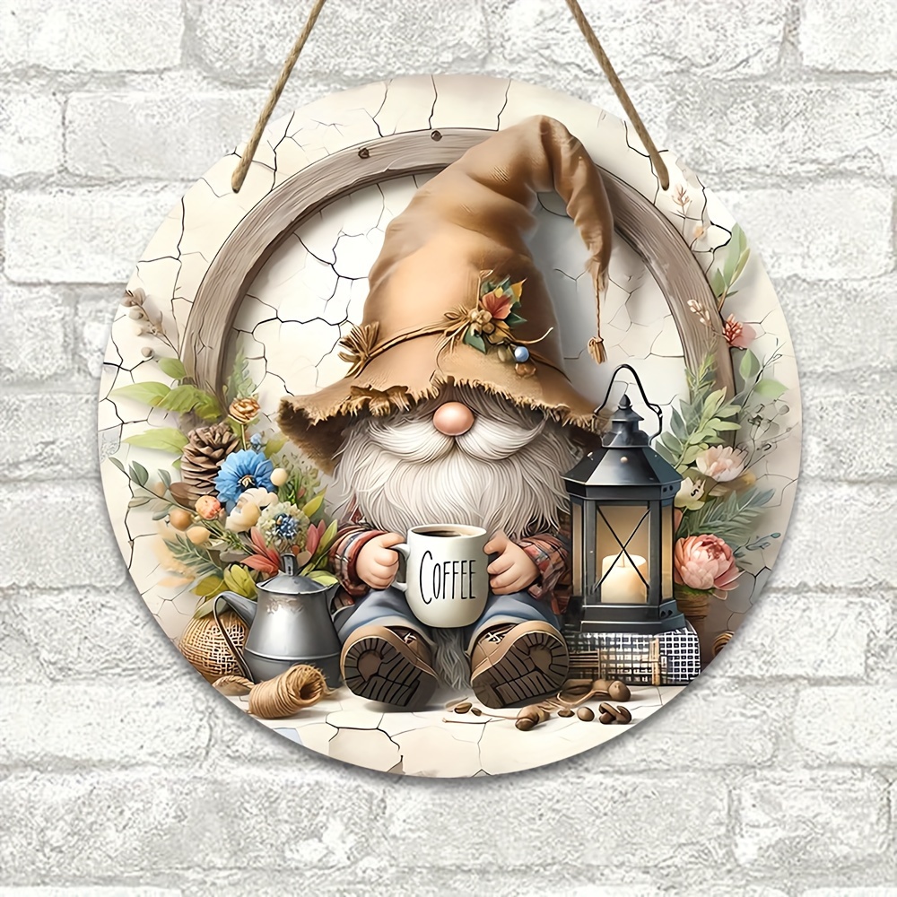 

Vintage Gnome Wooden Sign - 7.9"x7.9" Round Garland Centerpiece For Home, Porch, Garden & Cafe Decor Gnome Outdoor Decor Outdoor Gnome Decor