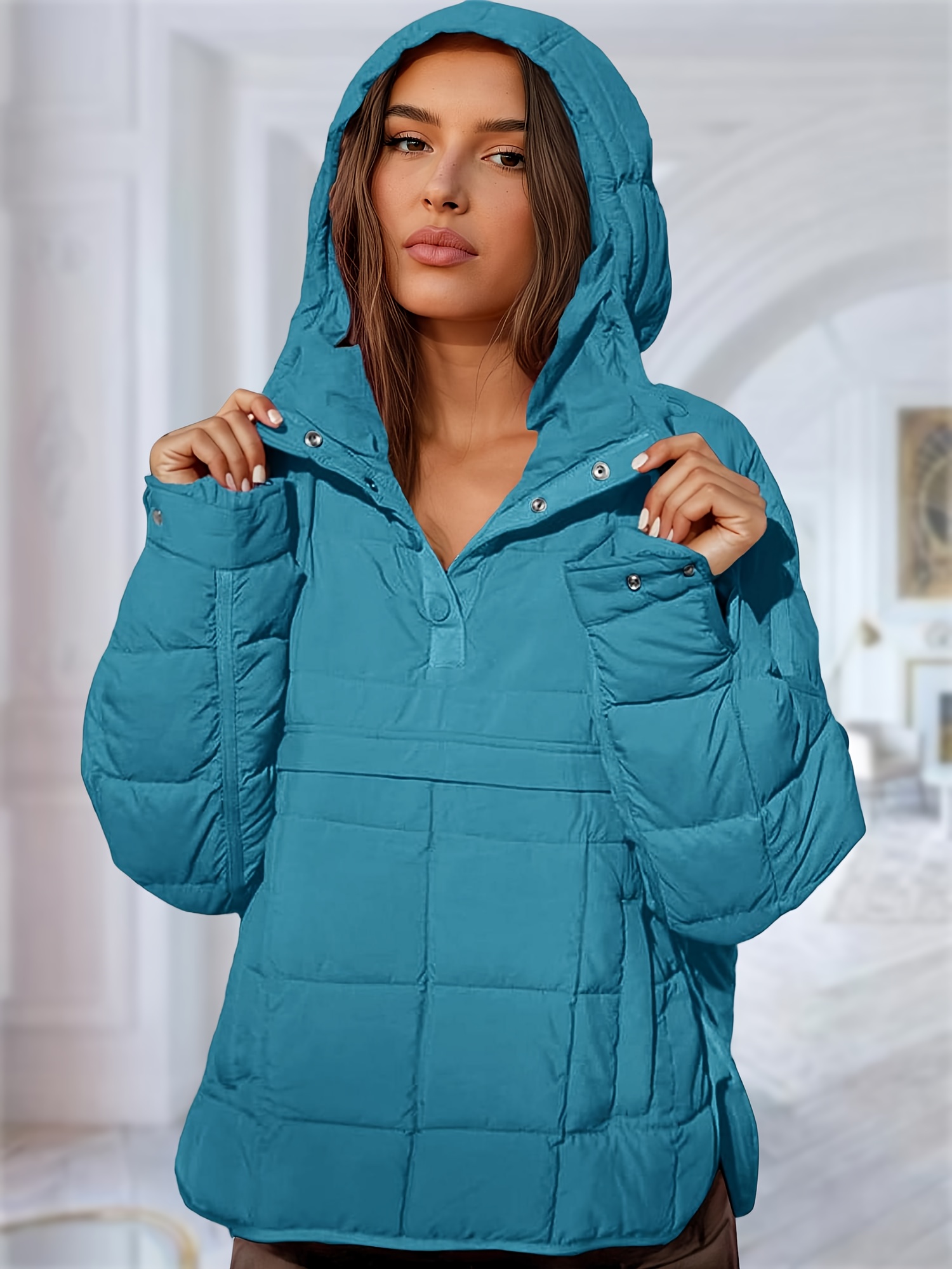 womens oversized puffer jacket hood quilted coat lightweight Temu