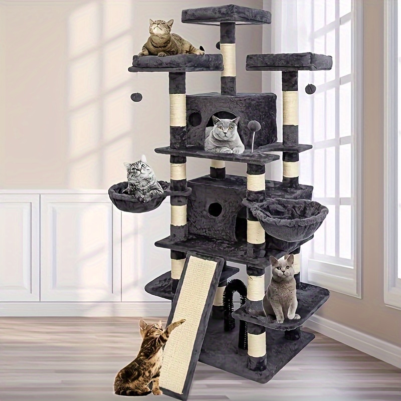 

68 Inches Big Multi-level Cat Tree, Tall Multi-cats Tower With 2 Big Cat Condo &cat Hair Brush, Large Cat Tree With 3 Plush Perches & Scratching Posts For Kittens (smokey Grey)