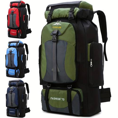 1pc 70l large capacity travel sports backpack nylon lining adjustable straps drawstring closure solid color red and for men and women by