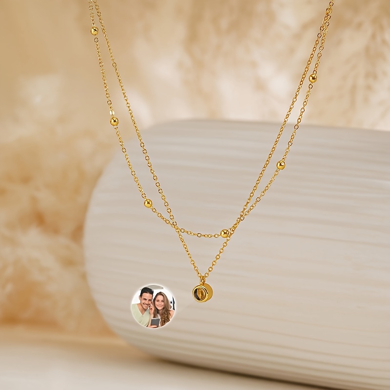 TEMU Custom Photo Projection Stainless Steel Double Layer Necklace Fashionable And Exquisite Women's Necklace Design Bohemian Style Personalized