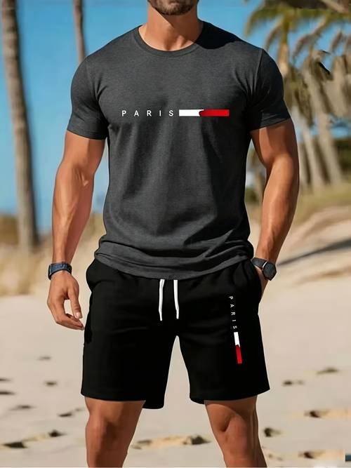 Artikelbild 2026 europäisches amerikanisches jugend-mode-set mit aufdruck, sommer-herren-kurzarm-t-shirt + freizeit-shorts mit kordelzug, 2-teiliges set, stilvoll bequem für den täglichen , unverzichtbarer trend, urlaubsgeschenk