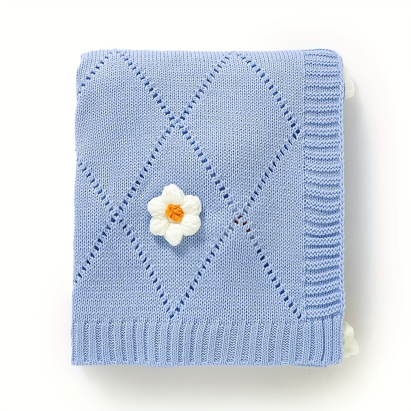 Cute Hand-Knitted Children's Blanket with Small Flower Design