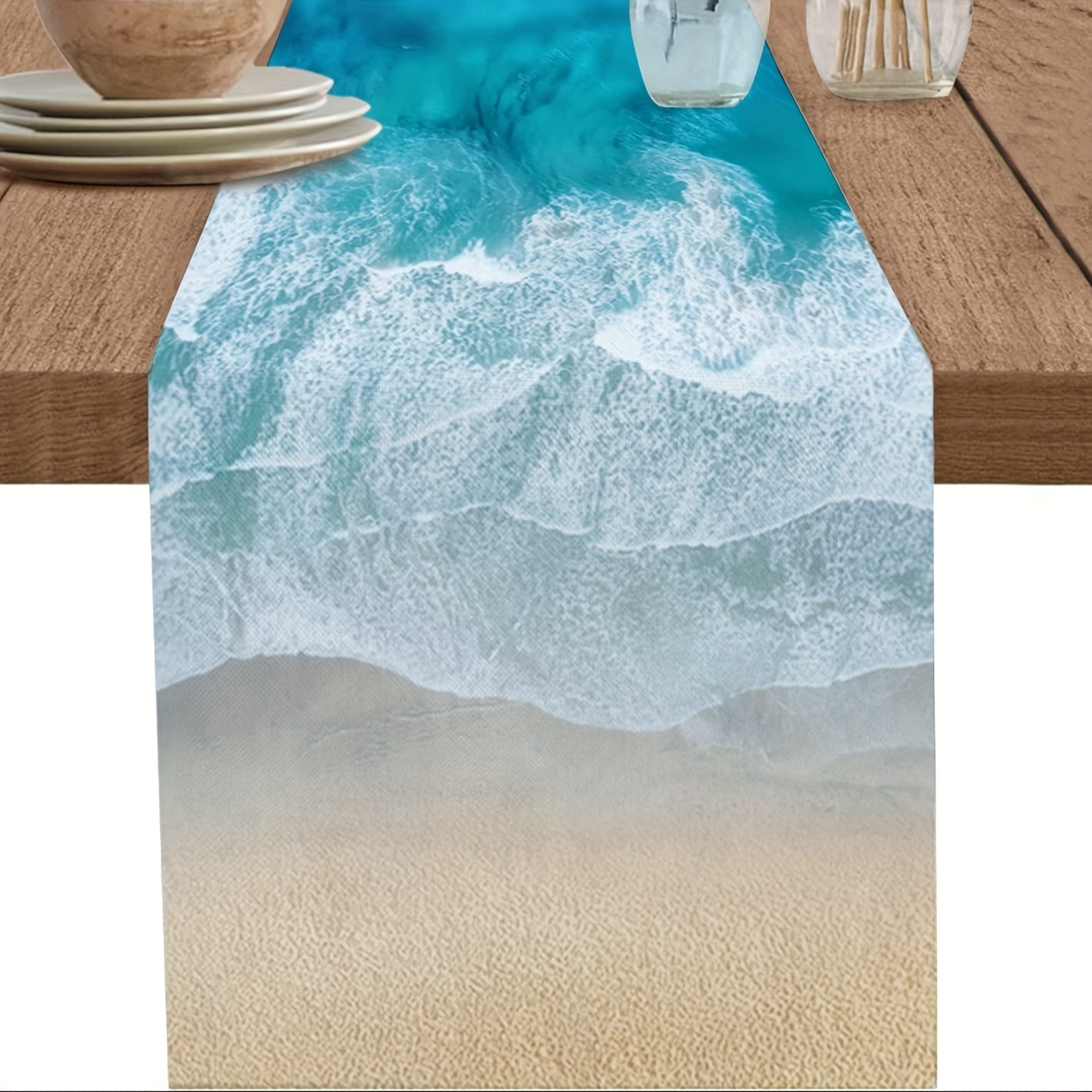 

1pc, Table Runner, Dresser Scarves, Summer Ocean Beach Theme Blue Wave Gradient Table Runner, Table Runner For Kitchen, Dining, Family Gatherings, Parties