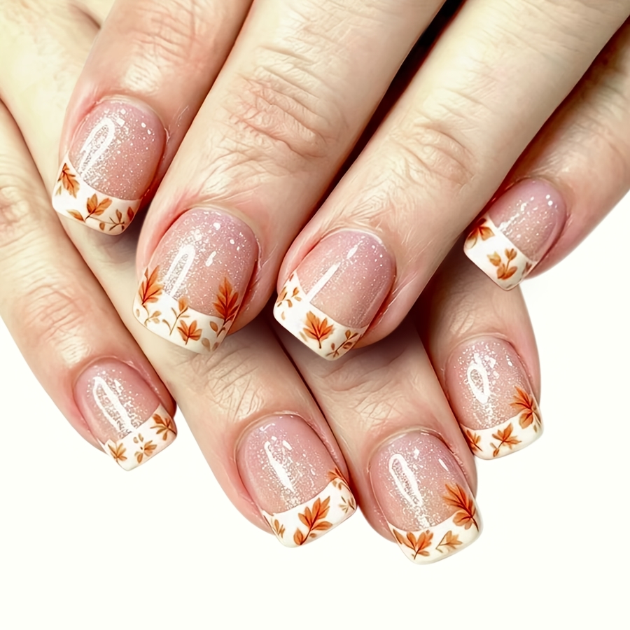 TEMU 24pcs Faux Ongles Tendance Automne, Base Transparent Pailletée, French Tip Blanc Cassé, Orange Dessinée à , Brillant