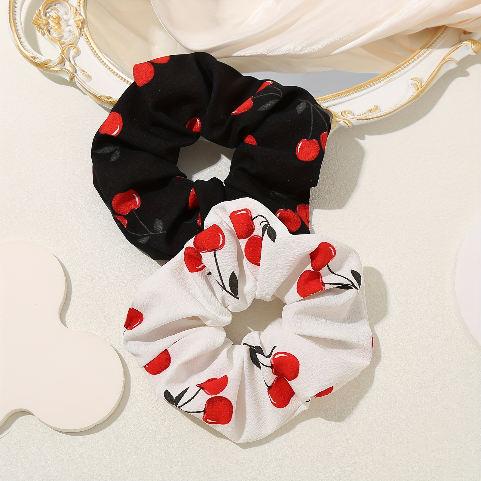 

Elegant 2pcs Cherry Print Scrunchies - Cute Hair Ties For Women & Teens, Elastic Ponytail Holders, Chic Fabric Hair Accessories